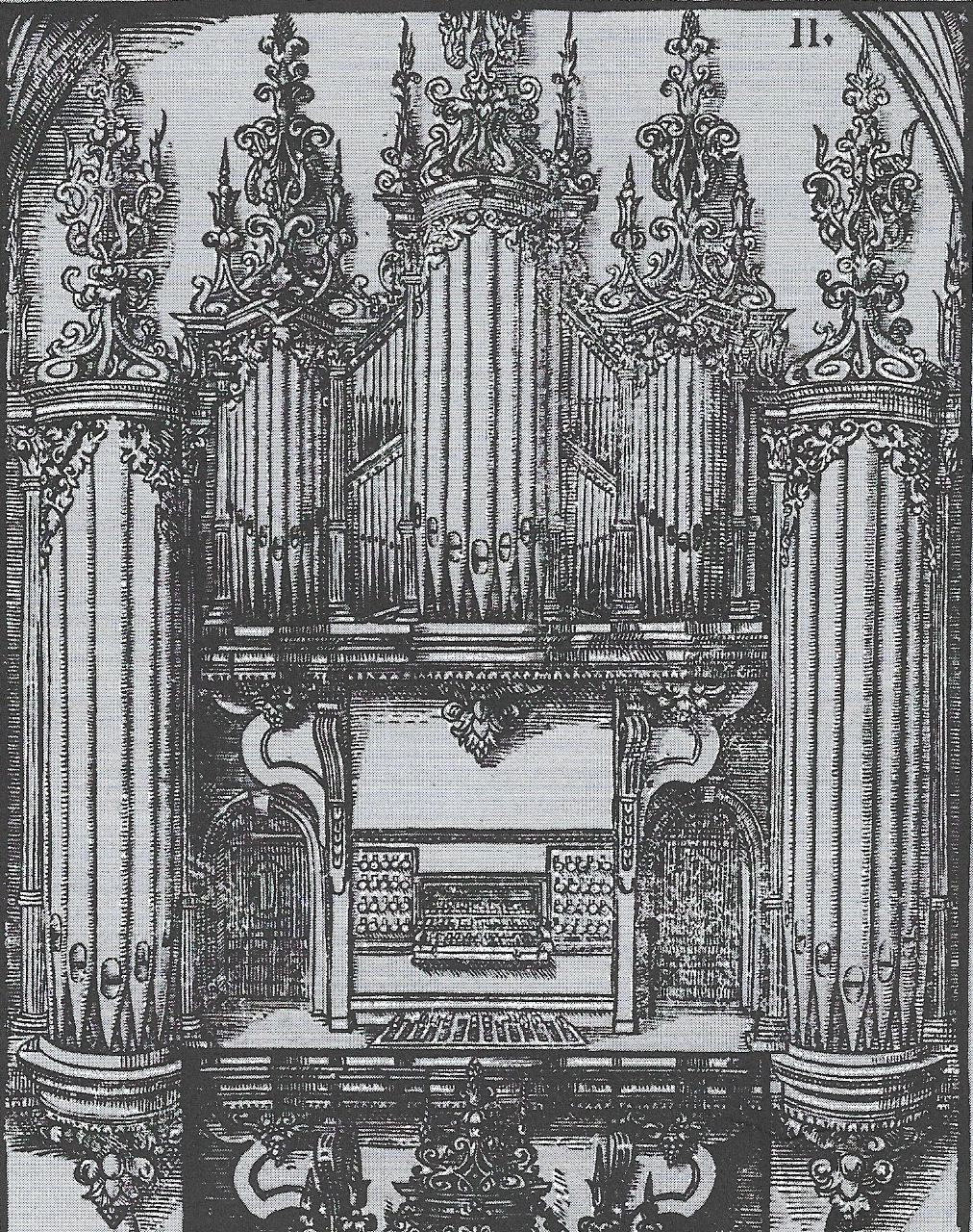 Anónimo, <i>Ilustración correspondiente a un órgano</i>, 1619, grabado. Tomada de Michael Praetorius, <i>Syntagma musicum</i> (vol. II) “<i>De organographia</i>” (Kassel: Bärenreiter Verlag, 1958), 274. Foto: Miguel Castillo. Disponible en <a href='https://imslp.org/'>https://imslp.org/</a>