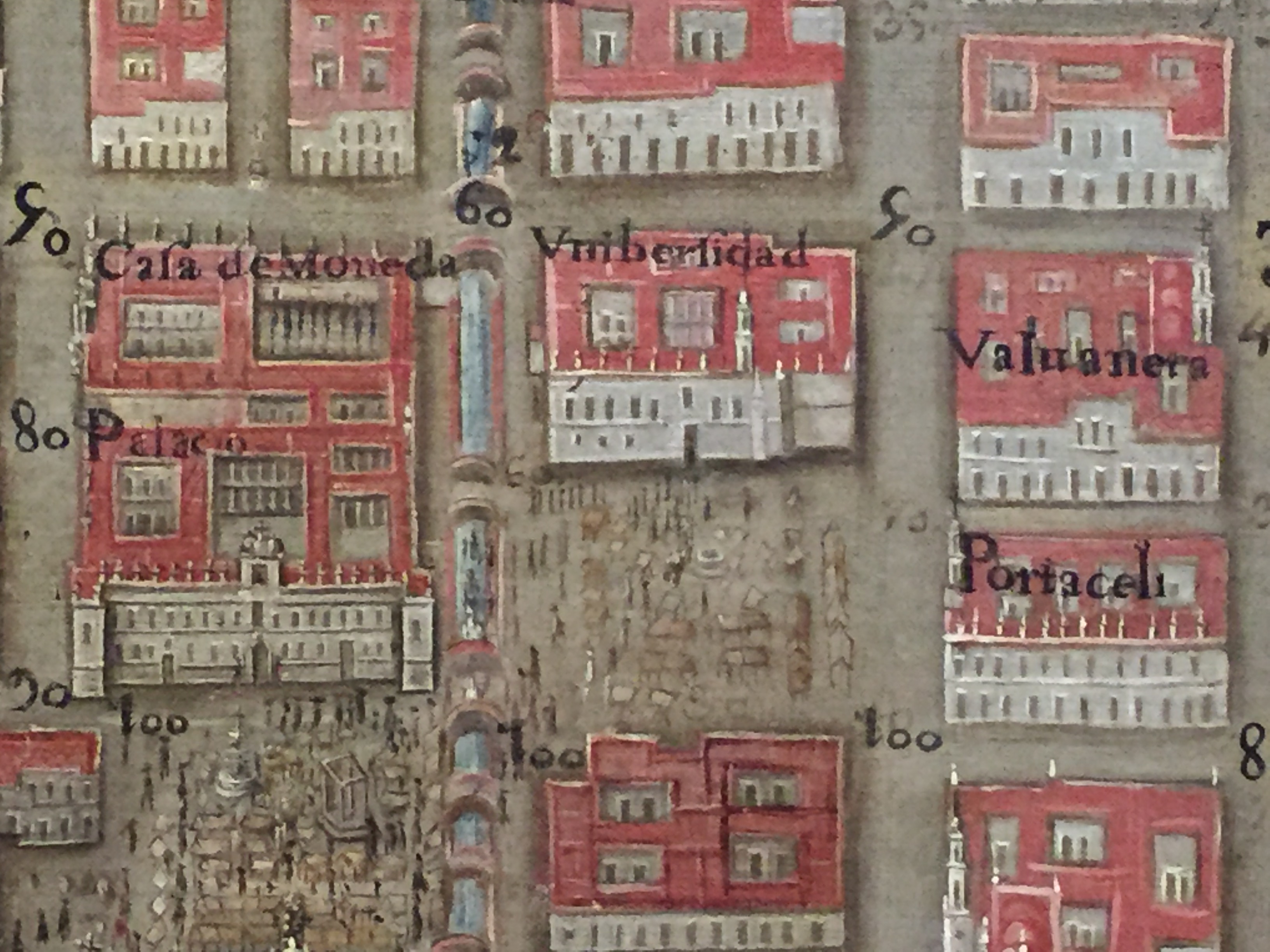 Pedro de Arrieta, <i>Plano catastral de la Ciudad de México</i> (detalle), óleo sobre tela, 1737, Museo Nacional de Historia, México. <br>Foto: David Nájera. 