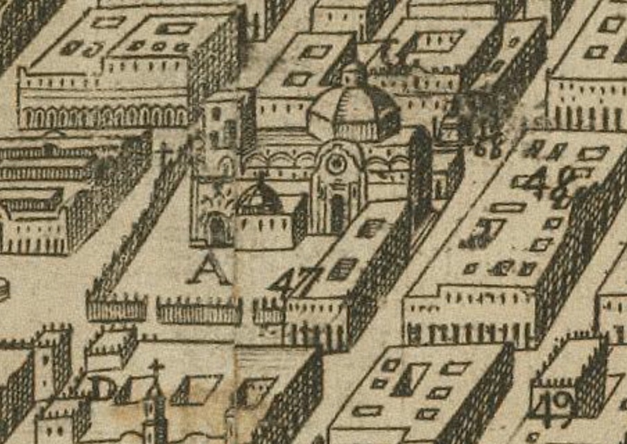  Carlos López y Diego Troncoso, <i>Planta y descripción de la imperial Ciudad de México</i> (detalle de un mapa), 1760, fotrografía. Edición: Dávid Nájera. Disponible en Mediateca INAH: <a href='https://www.mediateca.inah.gob.mx/'>https://www.mediateca.inah.gob.mx/</a>