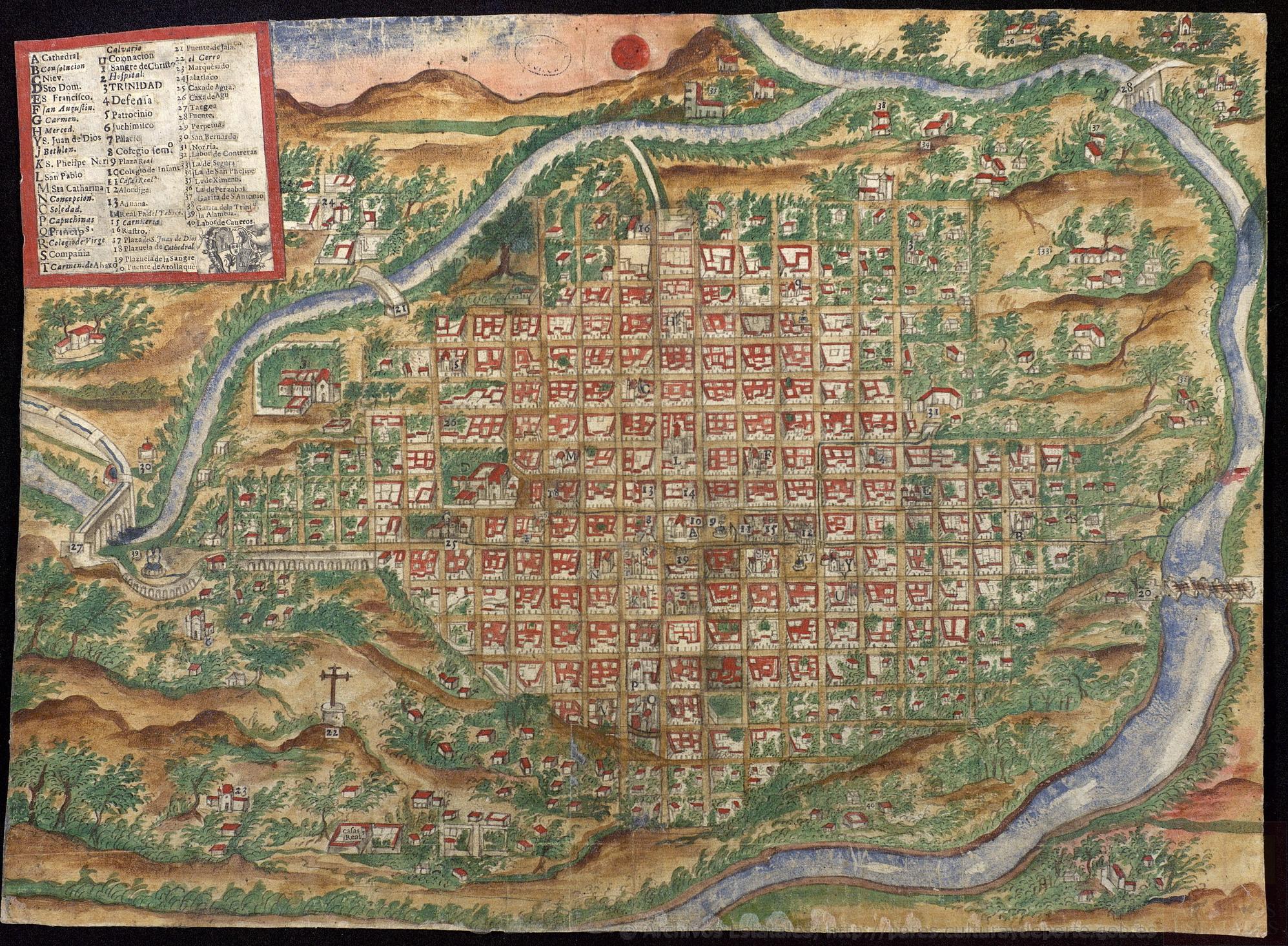 Archivo General de Indias, <i>Plano de la ciudad de Antequera de Oaxaca y sus alrededores</i>. 1777, Manuscrito e impreso, dibujado a plumilla. Digitalizado por PARES, signatura MP-MEXICO,543