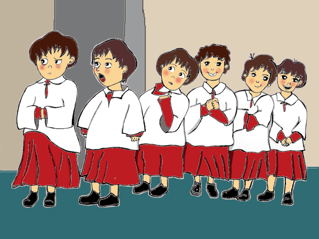 Lidia Isaura Luján López, <i>Seis infantes de coro</i>, 2020, tinta sobre papel, coloreado digital, Ciudad de México. Proyecto Red Digital <i>Musicat</i>.